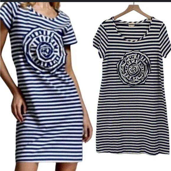 Kate Spade Mini Dress Ruffle Rosette Front Stripe Navy Blue Size Medium - Picture 12 of 12